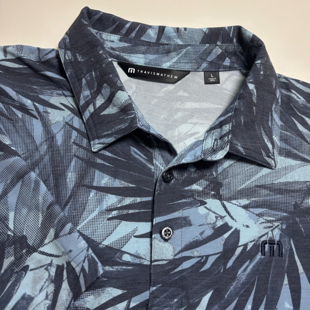 TravisMathew Palm Leaf Print Performance Golf Polo Mens L Tropical Stretch Shirt